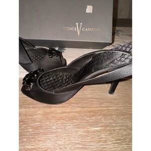 Vince Camuto‎ Slingback Heels Rhinestone Embellished Peep Toe Black Satin 7M